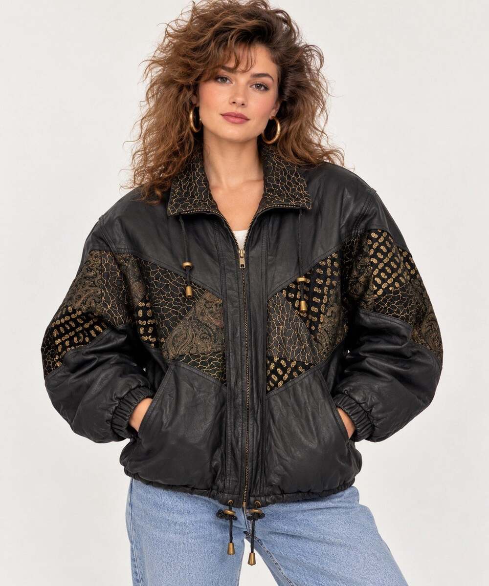 The Badlands Leather Jacket M Black Gold Patchwork Paisley Vintage 80s 90s